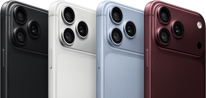 iPhone 18 Pro devices in a row, back exterior, all four colors: Black, Glacier, Silver, Burgundy, Pro Fusion camera system in top left corner, 3 lenses, microphone, flash