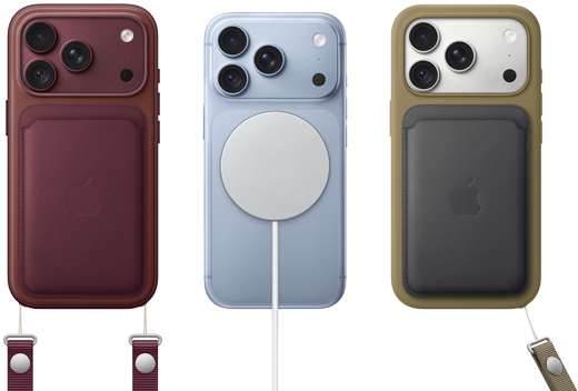 iPhone 18 Pro, back exterior, Burgundy, FineWoven Wallet with MagSafe in Burgundy; iPhone 18 Pro , back exterior, Glacier, with Magsafe Battery; iPhone 18 Pro, back exterior, Silver color, with Silicone Case in Green color and MagSafe Charger