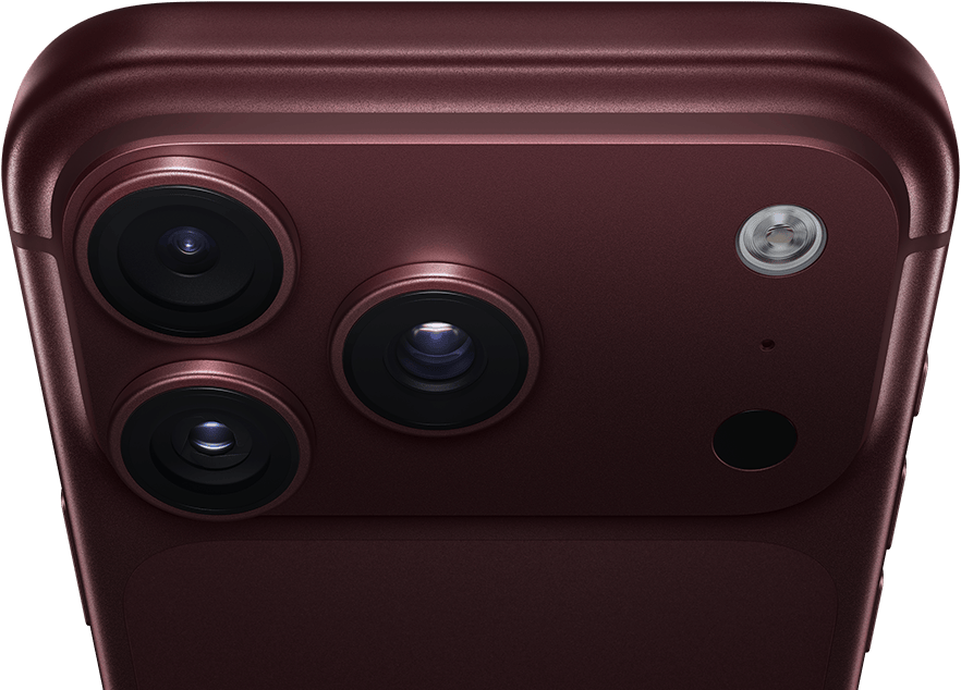 iPhone 18 Pro Max, burgundy color (dark red), back exterior, Pro Fusion camera system at top, 3 lenses, variable aperture blades partially closed, flash, microphone and LiDAR Scanner, top exterior, cellular antenna, flat sides, rounded edges