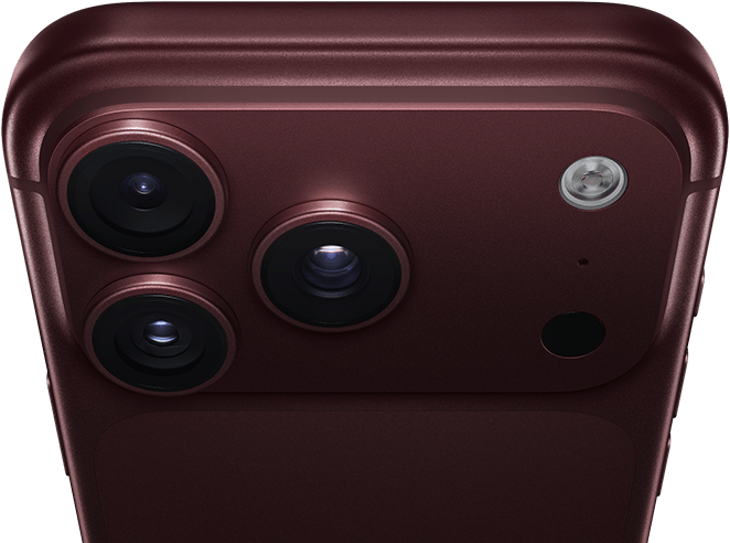 iPhone 18 Pro Max, burgundy color (dark red), back exterior, Pro Fusion camera system at top, 3 lenses, variable aperture blades partially closed, flash, microphone and LiDAR Scanner, top exterior, cellular antenna, flat sides, rounded edges