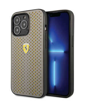 Ferrari PU Leather Perforated Case With Nylon Base & Yellow Shield Logo For  iPhone 14 Pro Max - Yellow
