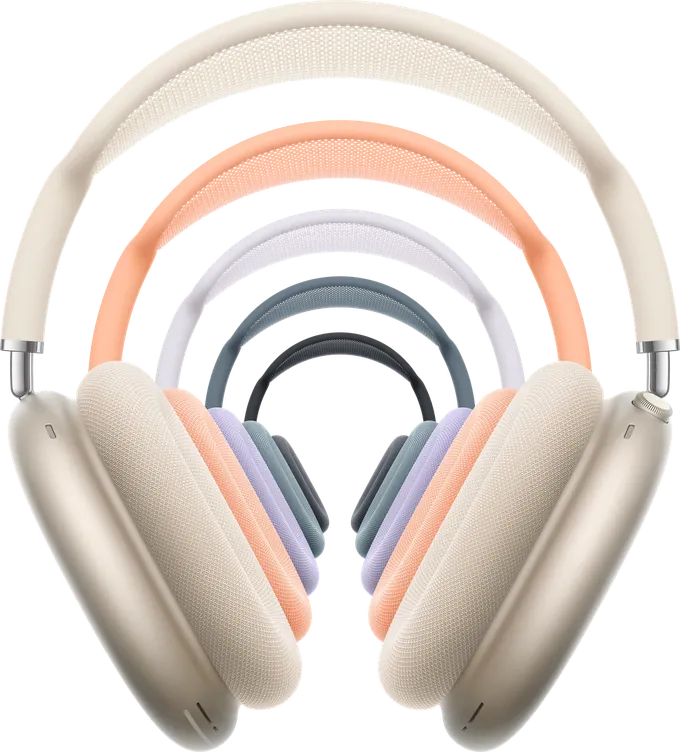 AirPods Max in Starlight, Orange, Purple, Blue and Midnight.